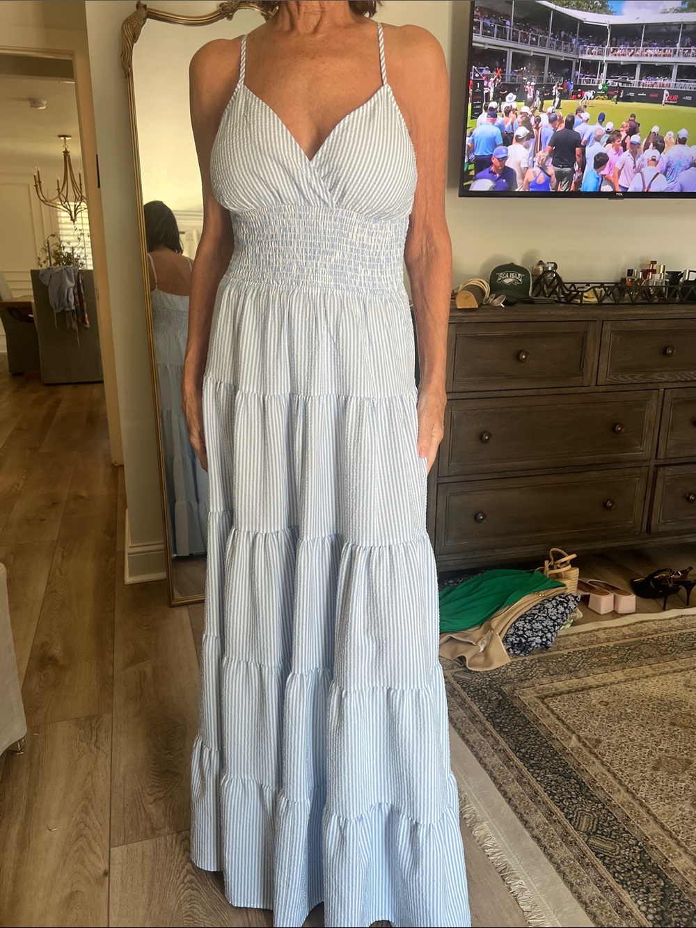 LINI Light Blue Striped Tiered Maxi Dress